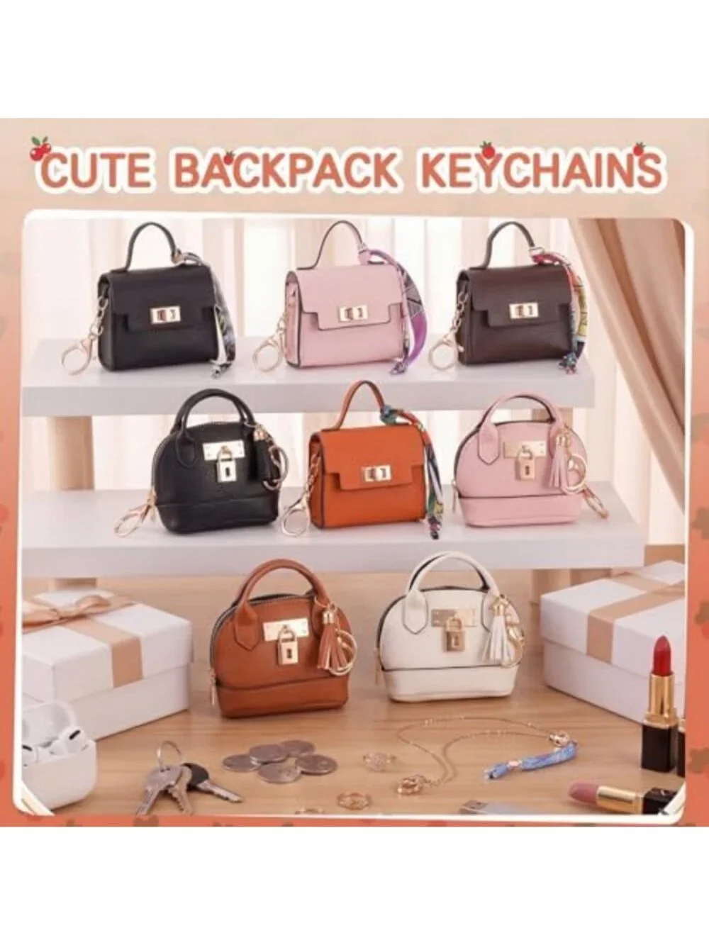 8-Piece Mini Purse Keychain Set for Women & Girls - Retro Style Accessories